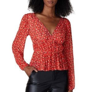 LOUNA Floral Long Sleeve Mesh peplum v neck top blouse size M